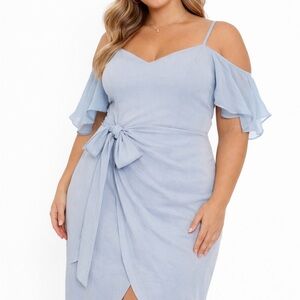 Soft Blue One-Shoulder Wrap Midi Dress with Tie Waist